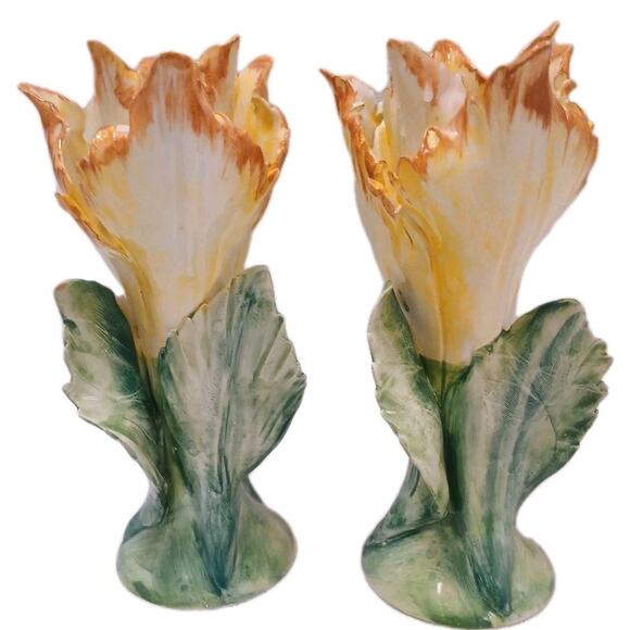 2 Pc Chelsea House Porcelain Lily Flower 7" Candlestick Holders Yellow Vnt - Picture 1 of 15